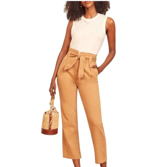 Reformation Evie Pants Butterscotch Paperbag Belted Ankle Organic Cotton Size28 - Picture 6 of 12